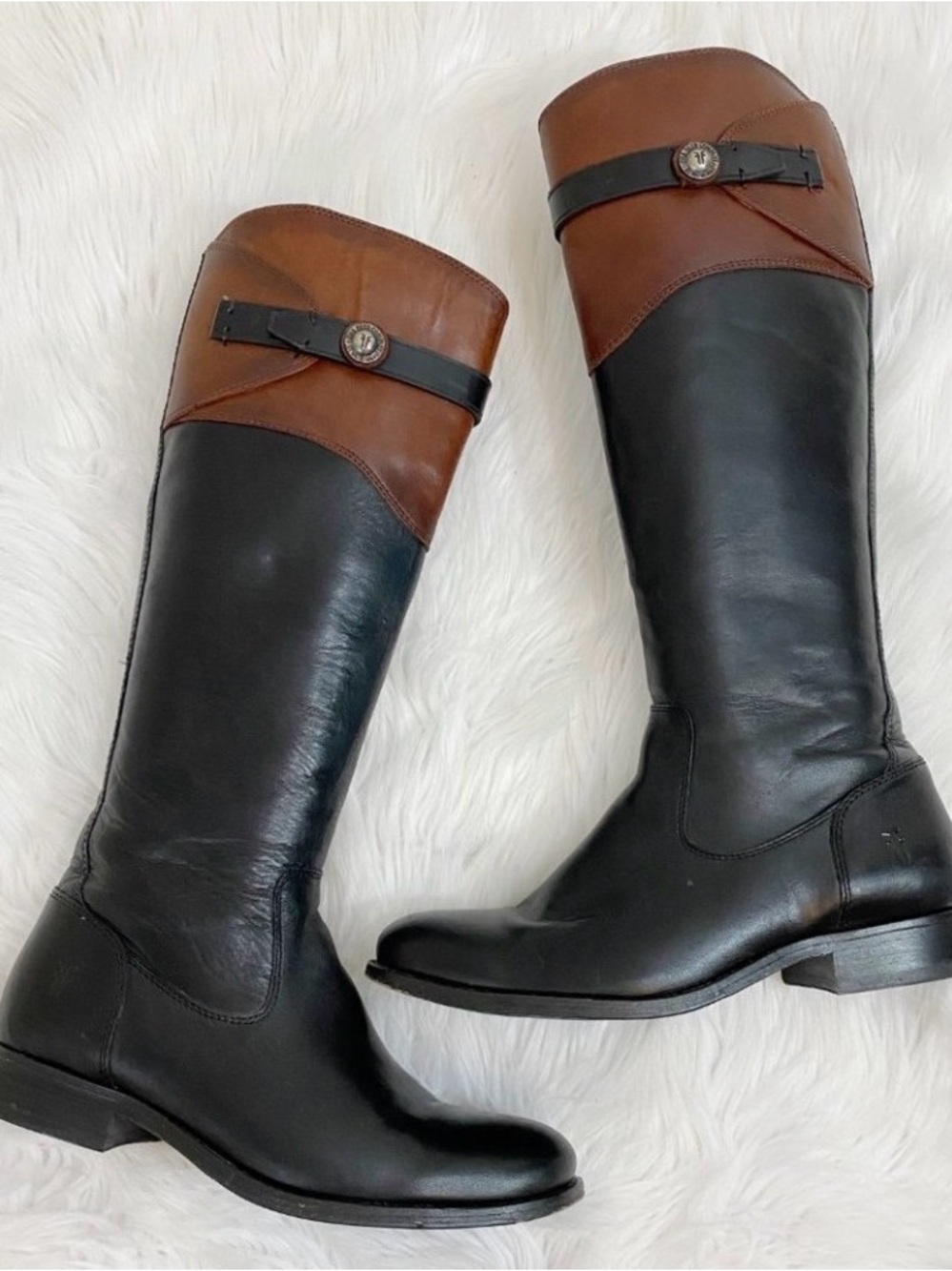 Frye Black/Brown Molly Button Tall Riding Boot 7.5